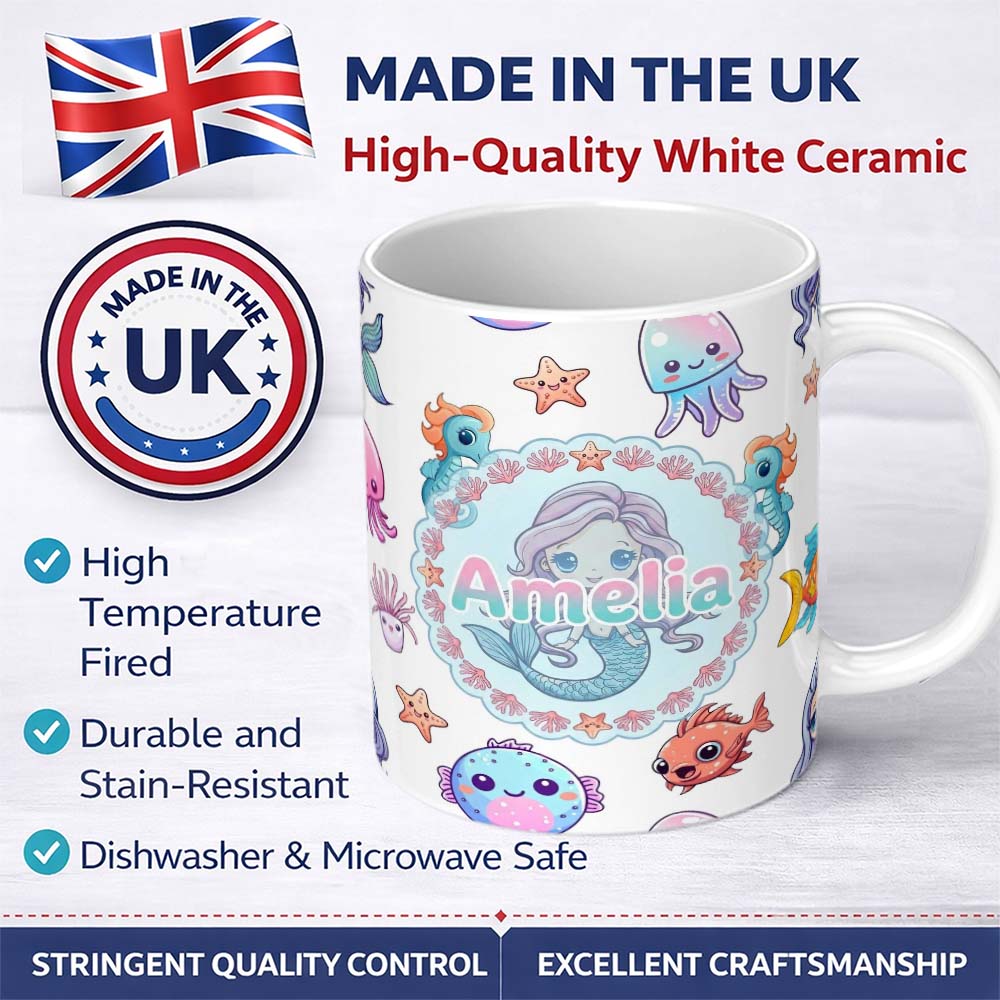 Personalized Custom Name Cute Kawaii Mermaid Seahorse Jellyfish and Starfish Light Grey 11oz Ceramic Coffee Tea Mug White Large Handle