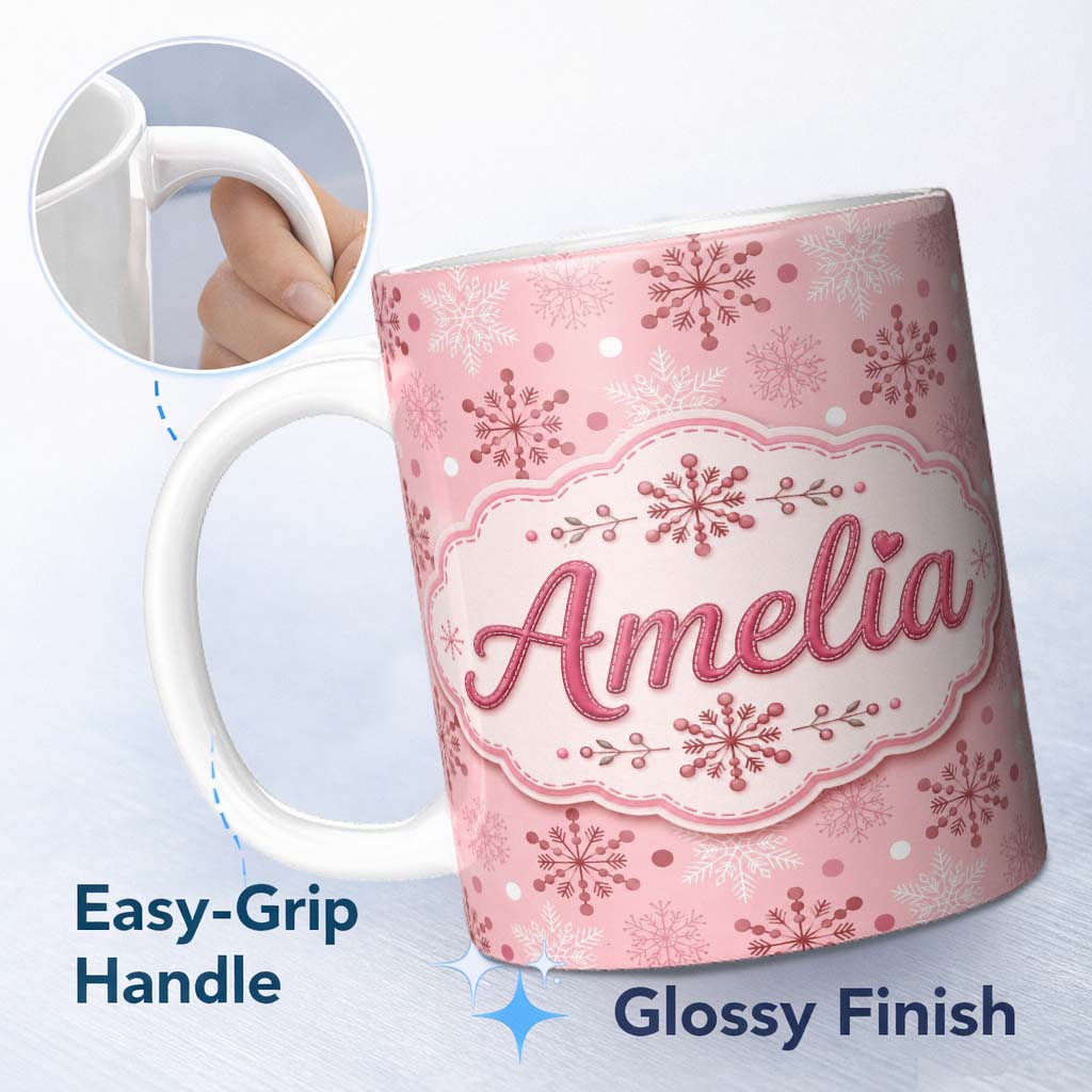 Personalized Custom Name Soft Pink Snowflake Dot Winter Seamless Pattern Cute Unique Gift 11oz Ceramic Coffee Tea Mug White Large Handle