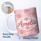 Personalized Custom Name Soft Pink Snowflake Dot Winter Seamless Pattern Cute Unique Gift 11oz Ceramic Coffee Tea Mug White Large Handle