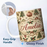 Personalized Custom Name Vintage Christmas Baubles Holly Pine Branches Festive Holiday Design 11oz Ceramic Coffee Tea Mug White Large Handle