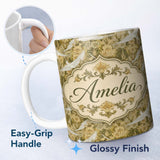 Personalized Custom Name Elegant White Doves with Vintage Floral Background Seamless Pattern 11oz Ceramic Coffee Tea Mug White Large Handle