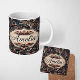Personalized Custom Name Oriental Crane Birds Pagoda Scenic Detailed Seamless Pattern Lovely 11oz Ceramic Coffee Tea Mug White Large Handle