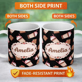Personalized Custom Name Cute Chocolate Strawberry Milkshake Seamless Pattern Drinks Dessert 11oz Ceramic Coffee Tea Mug White Large Handle