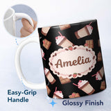 Personalized Custom Name Cute Chocolate Strawberry Milkshake Seamless Pattern Drinks Dessert 11oz Ceramic Coffee Tea Mug White Large Handle
