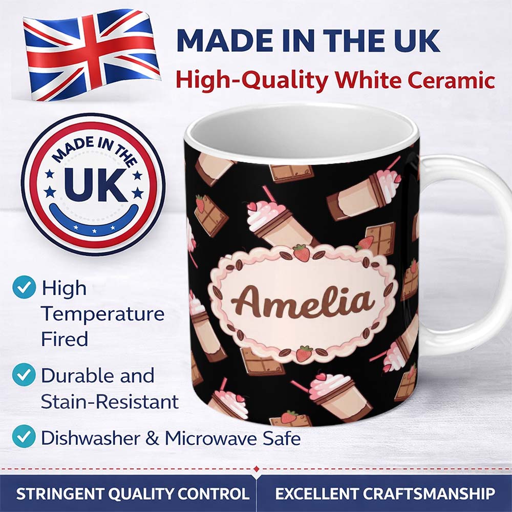 Personalized Custom Name Cute Chocolate Strawberry Milkshake Seamless Pattern Drinks Dessert 11oz Ceramic Coffee Tea Mug White Large Handle