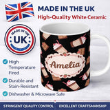 Personalized Custom Name Cute Chocolate Strawberry Milkshake Seamless Pattern Drinks Dessert 11oz Ceramic Coffee Tea Mug White Large Handle