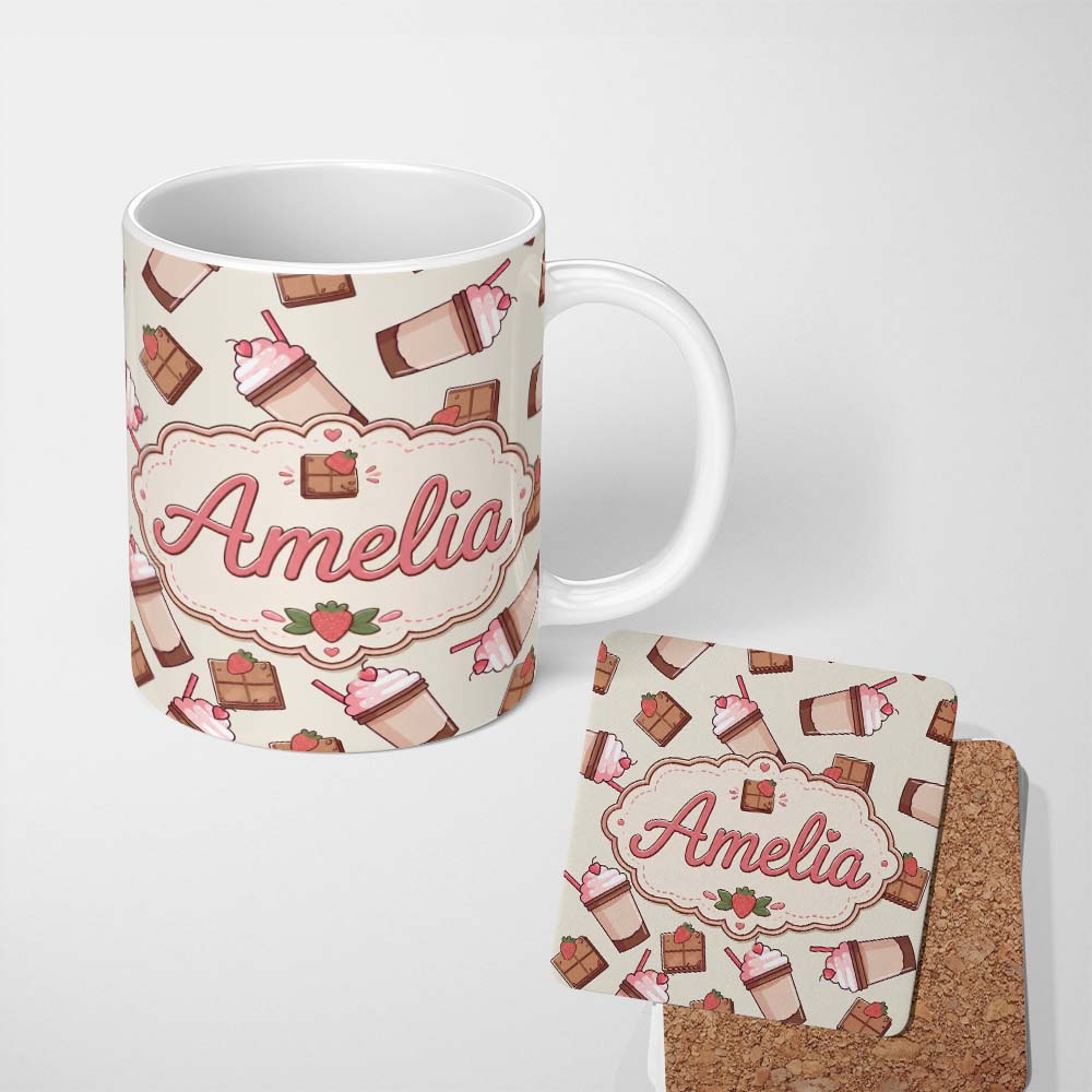 Personalized Custom Name Cute Chocolate Strawberry Milkshake Seamless Pattern Cream 11oz Ceramic Coffee Tea Mug White Large Handle
