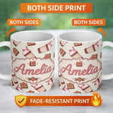 Personalized Custom Name Cute Chocolate Strawberry Milkshake Seamless Pattern Cream 11oz Ceramic Coffee Tea Mug White Large Handle
