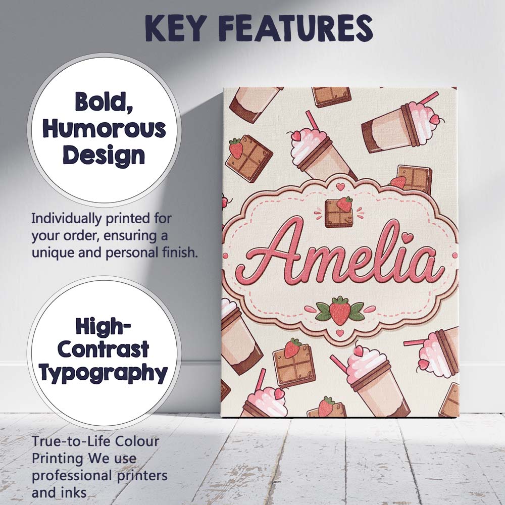 Personalised Name Cute Chocolate Strawberry Custom  Bespoke Interior Contemporary Canvas Wall Art Print Decor Picture Ready to Hang