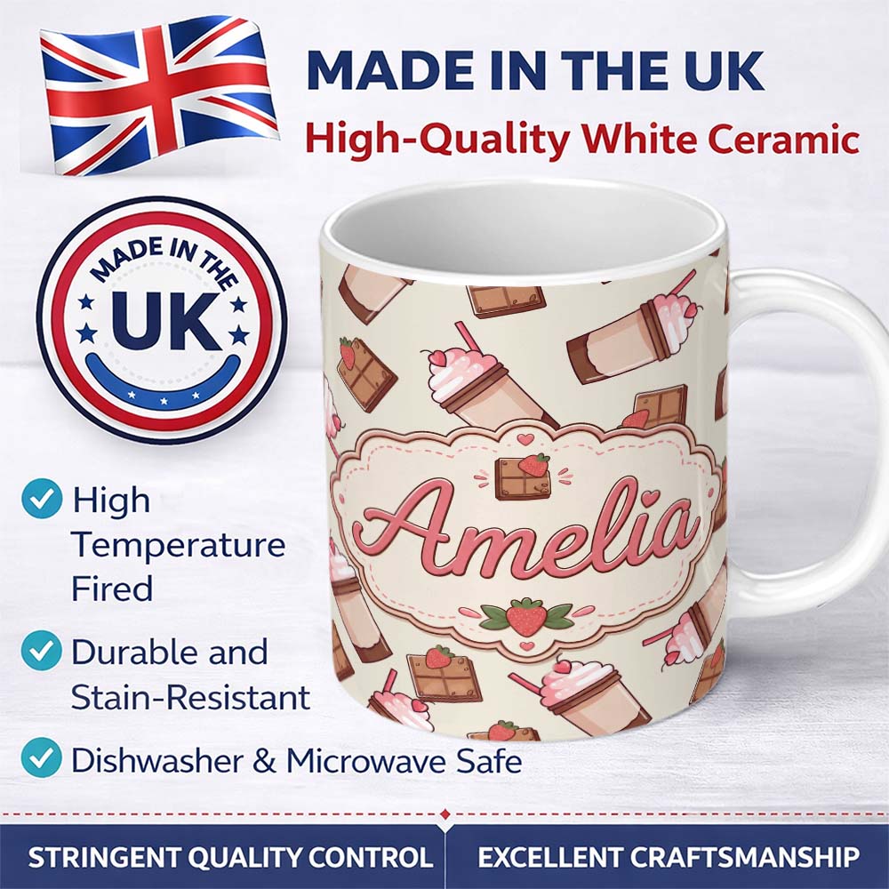 Personalized Custom Name Cute Chocolate Strawberry Milkshake Seamless Pattern Cream 11oz Ceramic Coffee Tea Mug White Large Handle