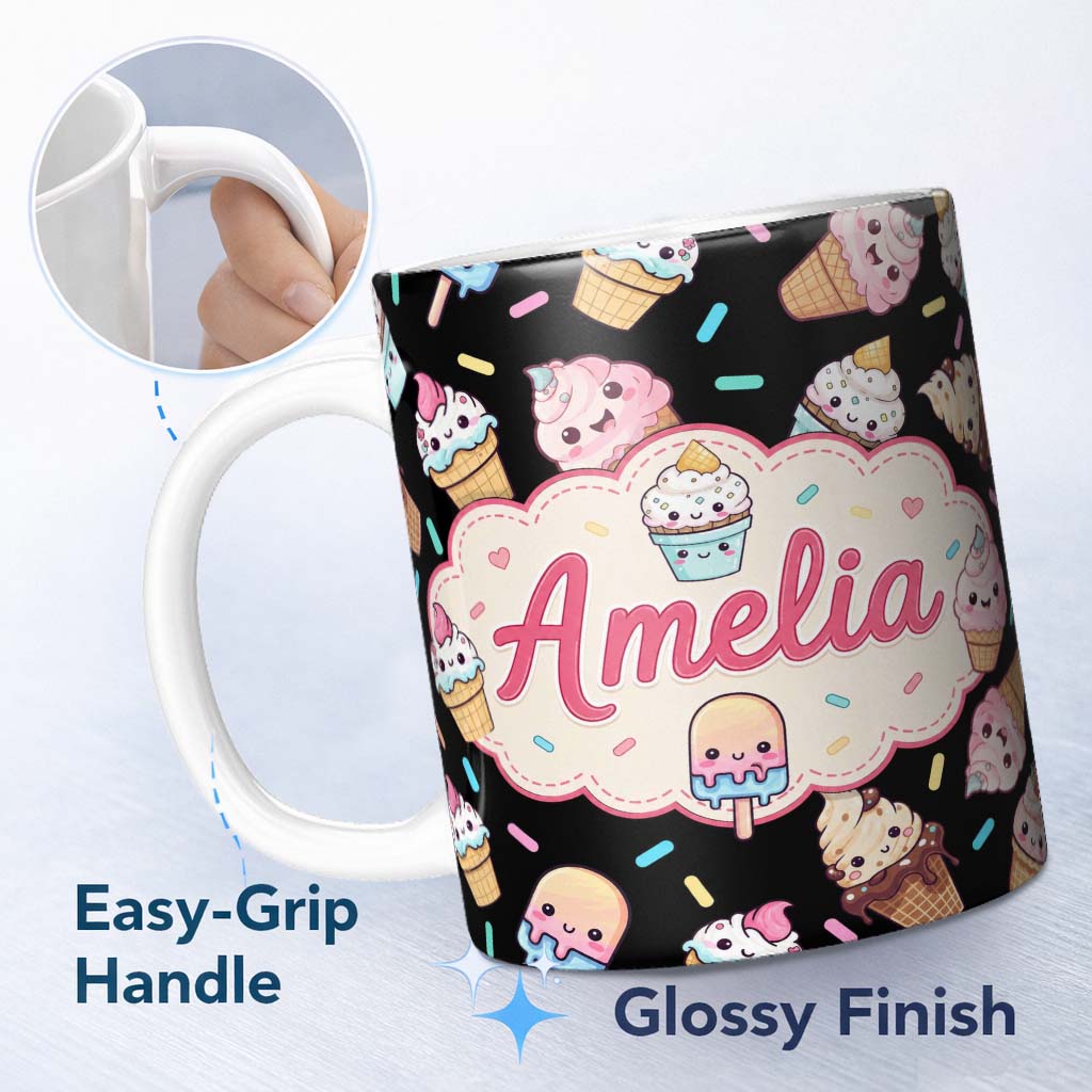 Personalized Custom Name Cute Kawaii Ice Cream Cone Popsicle Dessert Seamless Pattern Black 11oz Ceramic Coffee Tea Mug White Large Handle
