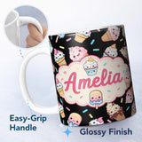 Personalized Custom Name Cute Kawaii Ice Cream Cone Popsicle Dessert Seamless Pattern Black 11oz Ceramic Coffee Tea Mug White Large Handle