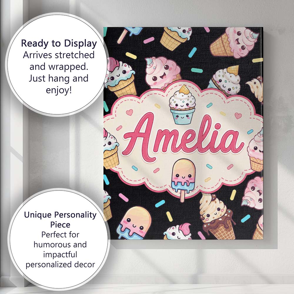 Personalised Name Cute Kawaii Ice Cream Custom  Modern Room Accent Elegant Feature Canvas Wall Art Print Decor Picture Ready to Hang