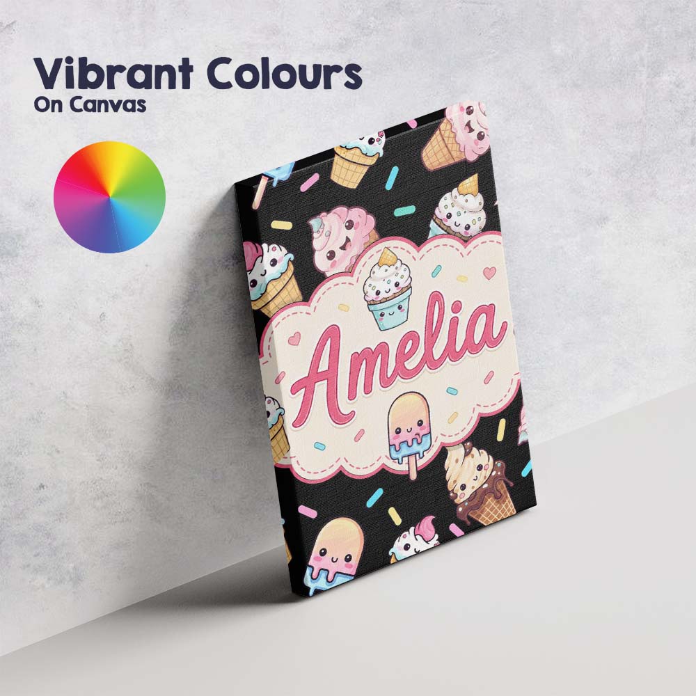 Personalised Name Cute Kawaii Ice Cream Custom  Modern Room Accent Elegant Feature Canvas Wall Art Print Decor Picture Ready to Hang