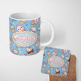 Personalized Custom Name Kawaii Ice Cream Cone Popsicle Sweet Dessert Seamless Pattern Blue 11oz Ceramic Coffee Tea Mug White Large Handle