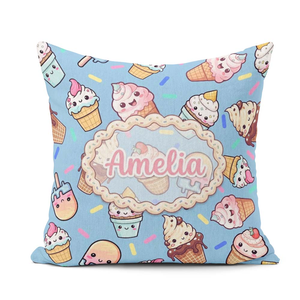 Custom Name Kawaii Ice Cream Cone Popsicle Sweet Dessert Pattern Square Filled Cushion Throw Pillow Sofa Bed Home Decor Zip Washable UK Made
