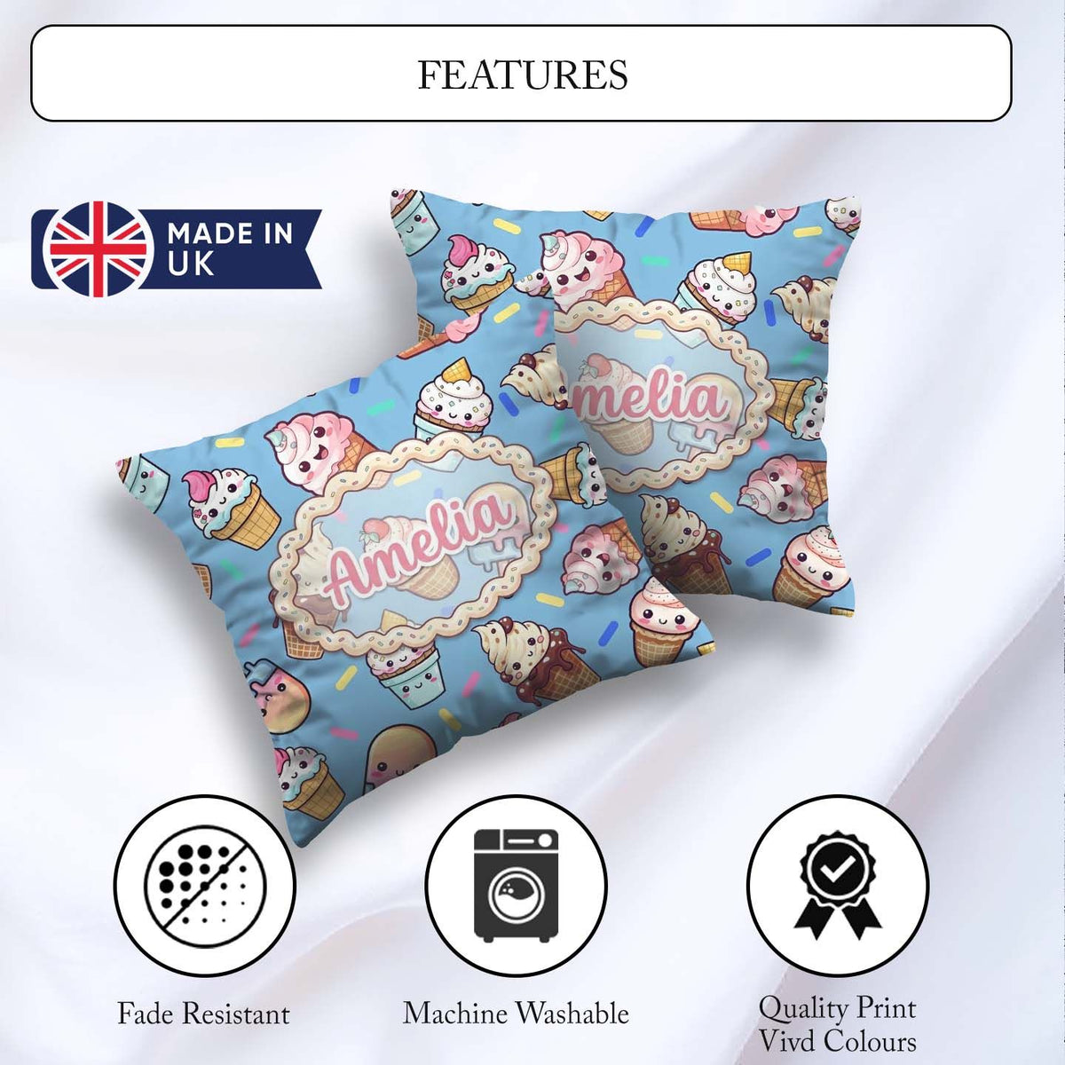 Custom Name Kawaii Ice Cream Cone Popsicle Sweet Dessert Pattern Square Filled Cushion Throw Pillow Sofa Bed Home Decor Zip Washable UK Made