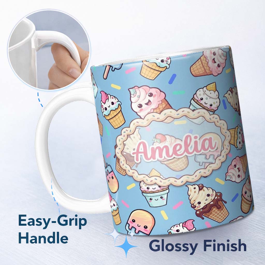 Personalized Custom Name Kawaii Ice Cream Cone Popsicle Sweet Dessert Seamless Pattern Blue 11oz Ceramic Coffee Tea Mug White Large Handle