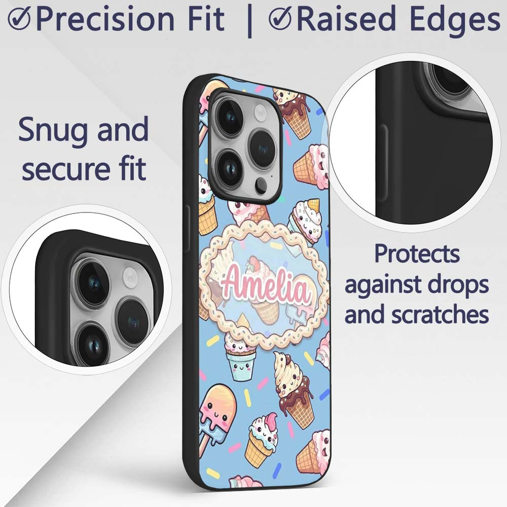 Kawaii Ice Cream Cone Popsicle Sweet Dessert Custom Name Protective Phone Case Mobile Cover Durable Everyday Smartphone Shock Resistant