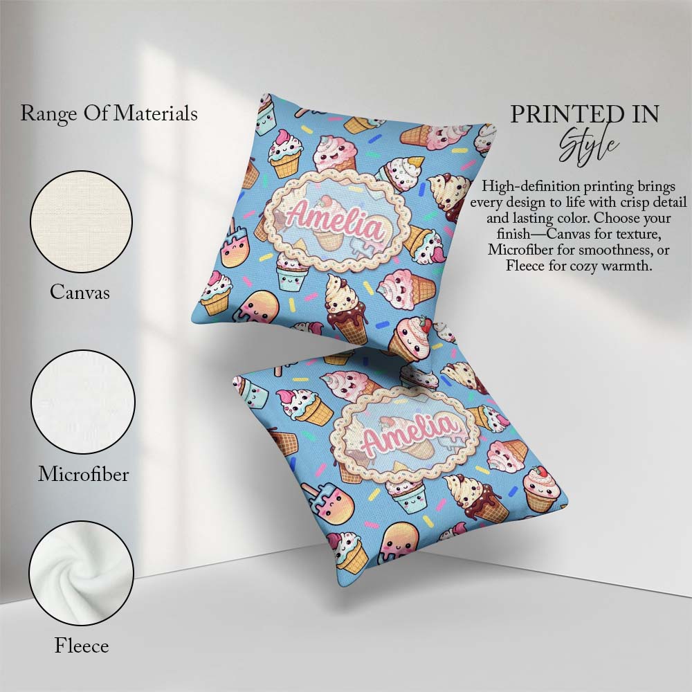 Custom Name Kawaii Ice Cream Cone Popsicle Sweet Dessert Pattern Square Filled Cushion Throw Pillow Sofa Bed Home Decor Zip Washable UK Made