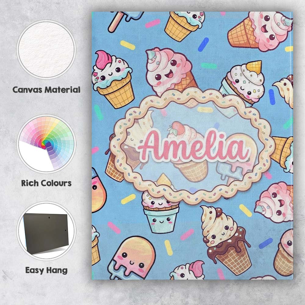 Personalised Name Kawaii Ice Cream Cone Custom  Modern Room Accent Elegant Feature Canvas Wall Art Print Decor Picture Ready to Hang