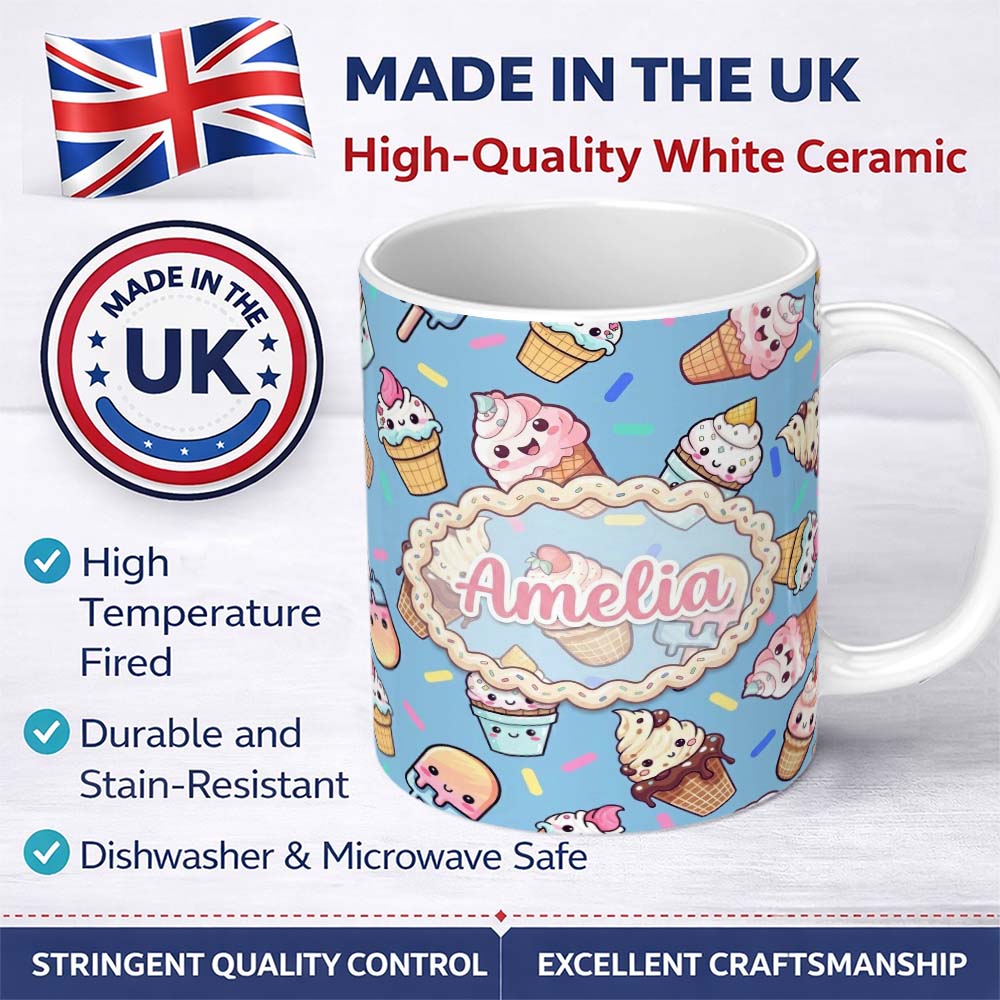 Personalized Custom Name Kawaii Ice Cream Cone Popsicle Sweet Dessert Seamless Pattern Blue 11oz Ceramic Coffee Tea Mug White Large Handle