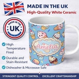 Personalized Custom Name Kawaii Ice Cream Cone Popsicle Sweet Dessert Seamless Pattern Blue 11oz Ceramic Coffee Tea Mug White Large Handle
