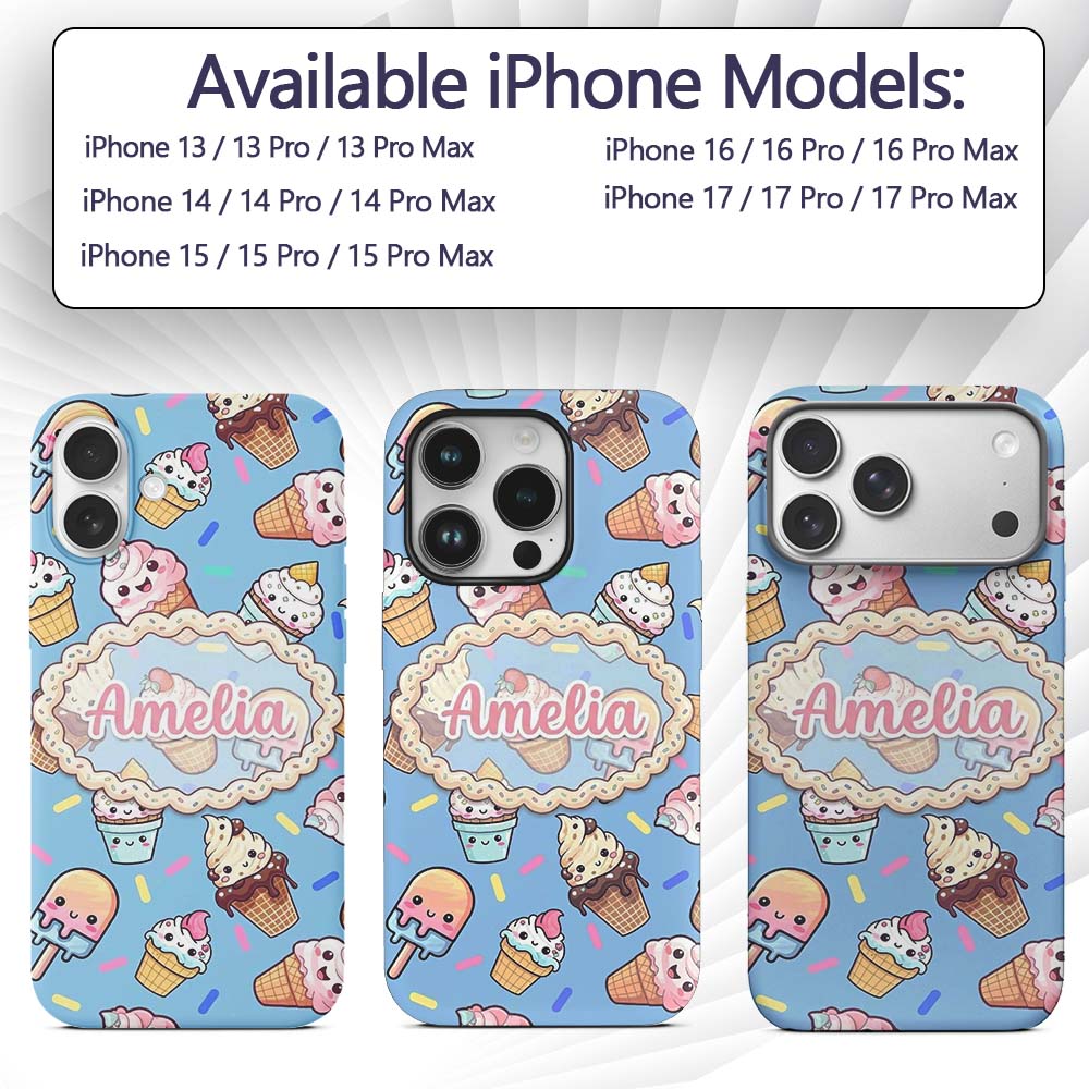 Kawaii Ice Cream Cone Popsicle Sweet Dessert Custom Name Protective Phone Case Mobile Cover Durable Everyday Smartphone Shock Resistant
