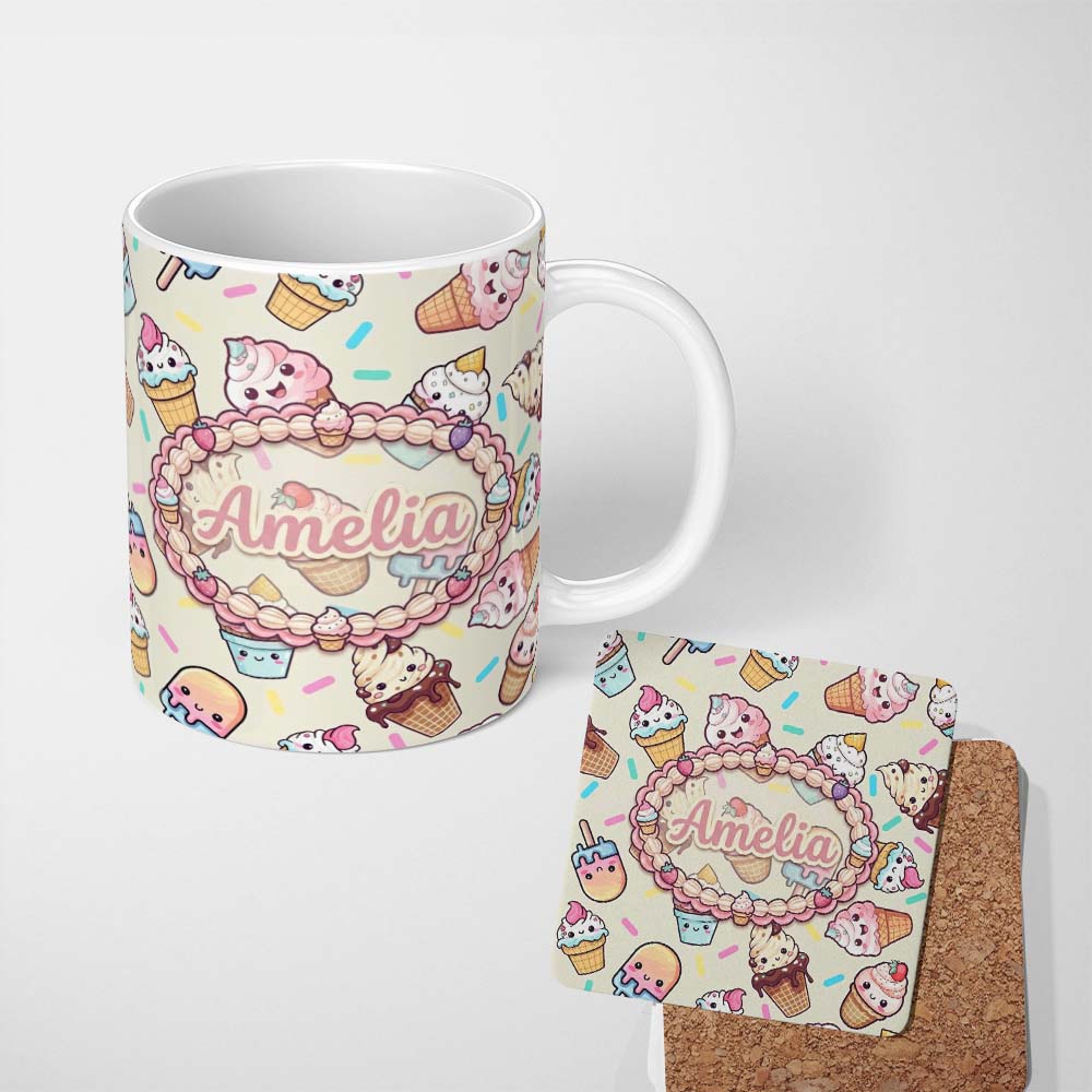 Personalized Custom Name Kawaii Ice Cream Cone Popsicle Sweet Dessert Seamless Pattern Name 11oz Ceramic Coffee Tea Mug White Large Handle