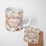 Personalized Custom Name Kawaii Ice Cream Cone Popsicle Sweet Dessert Seamless Pattern Name 11oz Ceramic Coffee Tea Mug White Large Handle