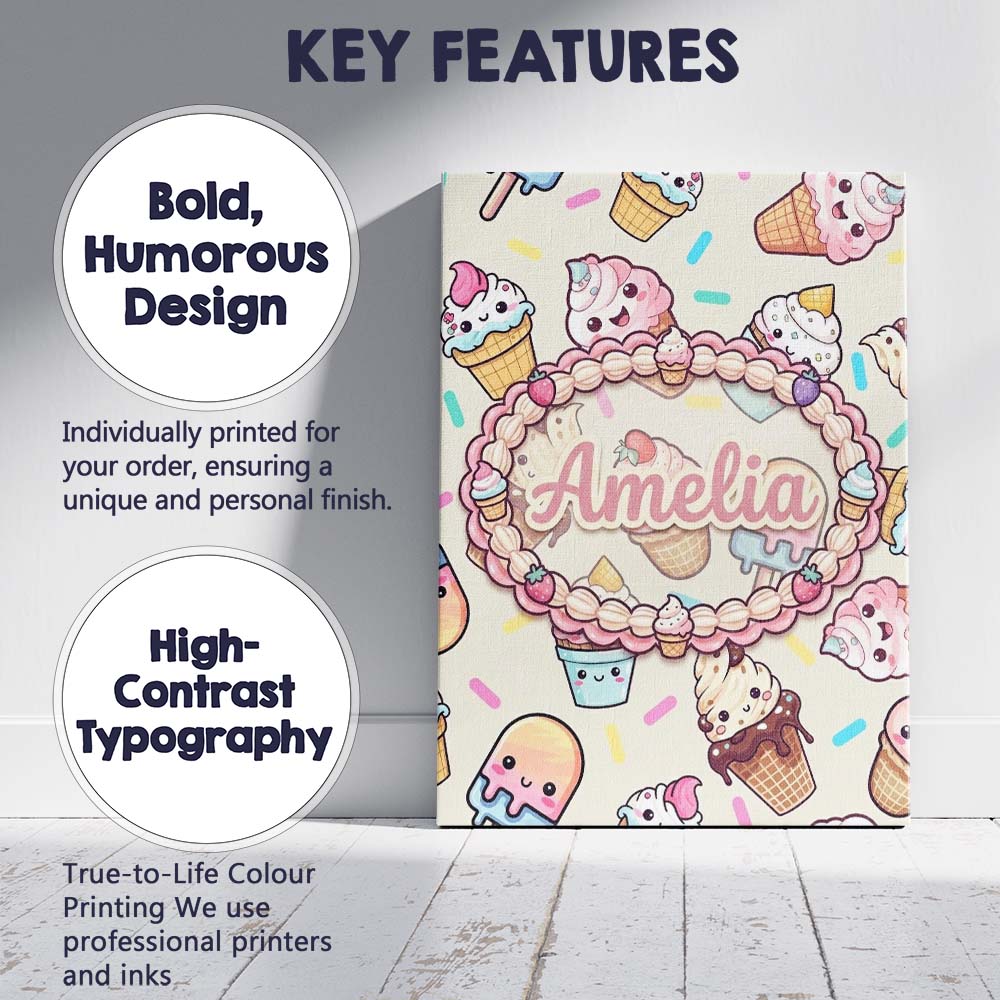 Personalised Name Kawaii Ice Cream Cone Custom  Modern Room Accent Elegant Feature Canvas Wall Art Print Decor Picture Ready to Hang