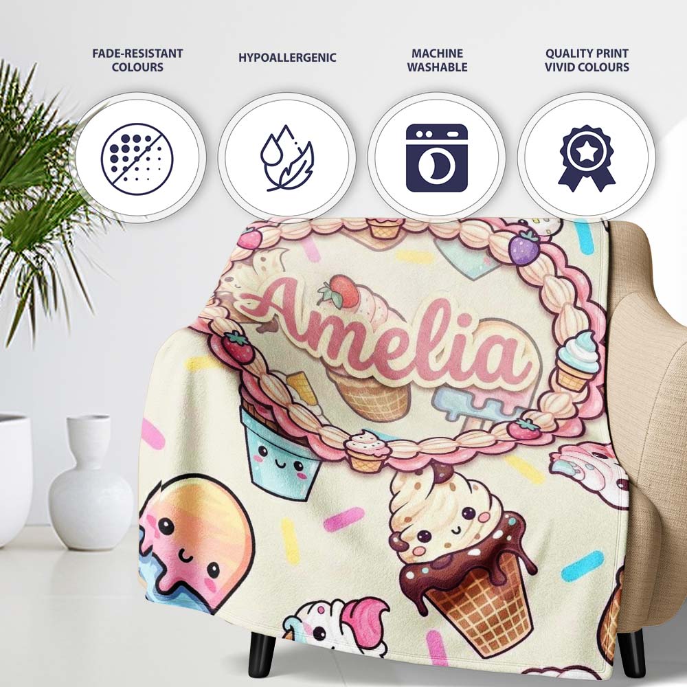 Kawaii Ice Cream Cone Popsicle Sweet Dessert Seamless Pattern Name  Personalised Custom Name Super Soft Fleece Blanket Bed Sofa Throw