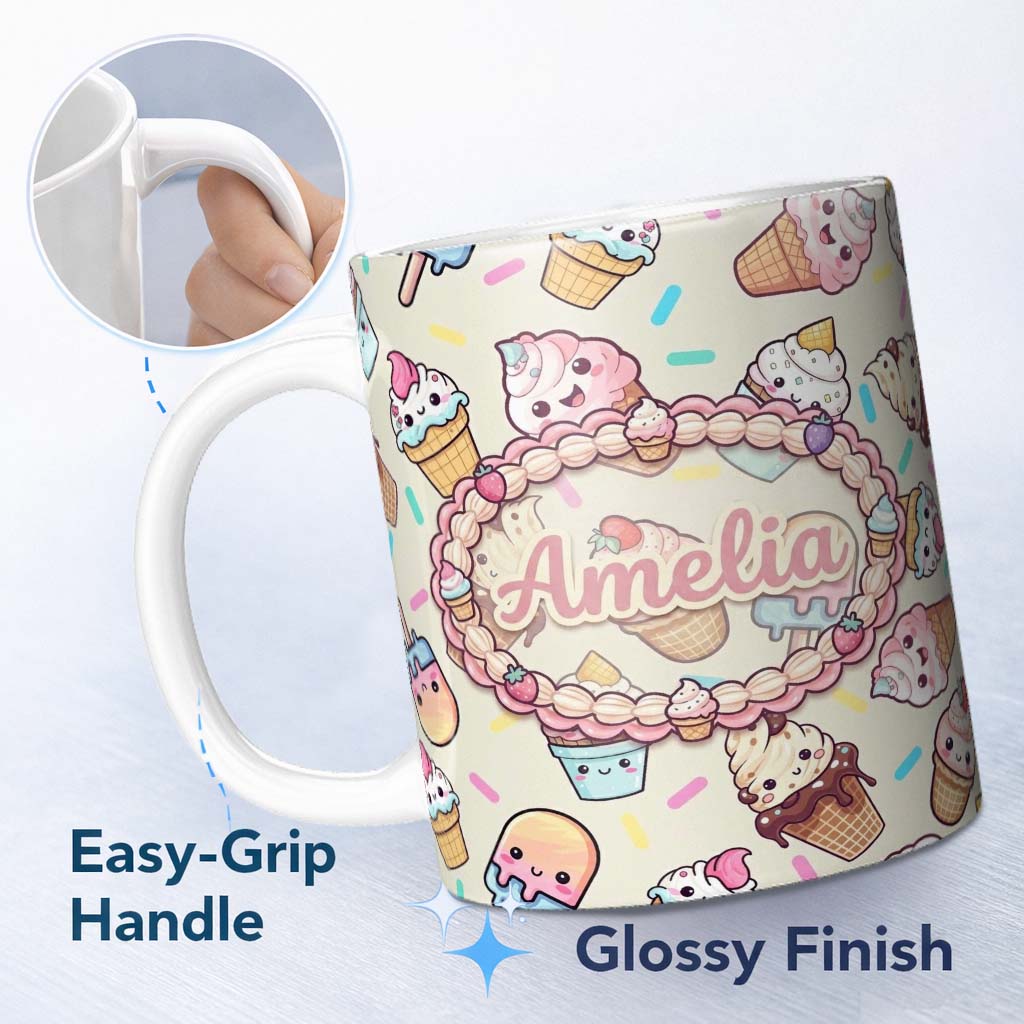 Personalized Custom Name Kawaii Ice Cream Cone Popsicle Sweet Dessert Seamless Pattern Name 11oz Ceramic Coffee Tea Mug White Large Handle