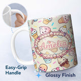 Personalized Custom Name Kawaii Ice Cream Cone Popsicle Sweet Dessert Seamless Pattern Name 11oz Ceramic Coffee Tea Mug White Large Handle
