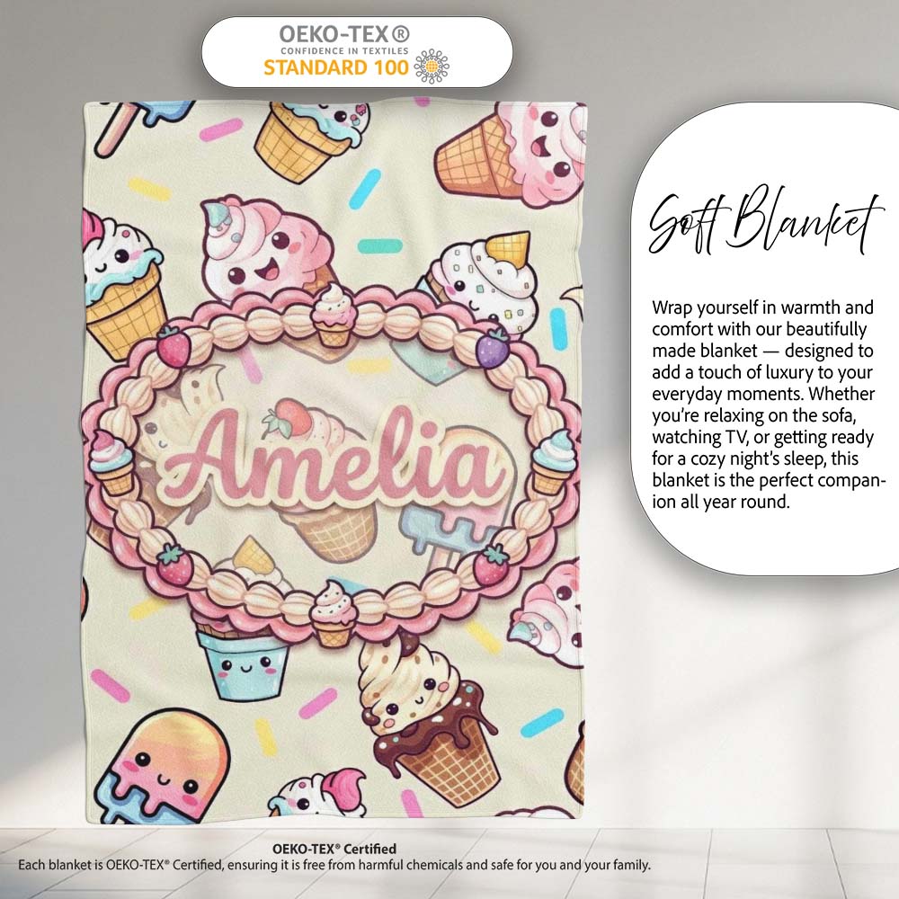 Kawaii Ice Cream Cone Popsicle Sweet Dessert Seamless Pattern Name  Personalised Custom Name Super Soft Fleece Blanket Bed Sofa Throw