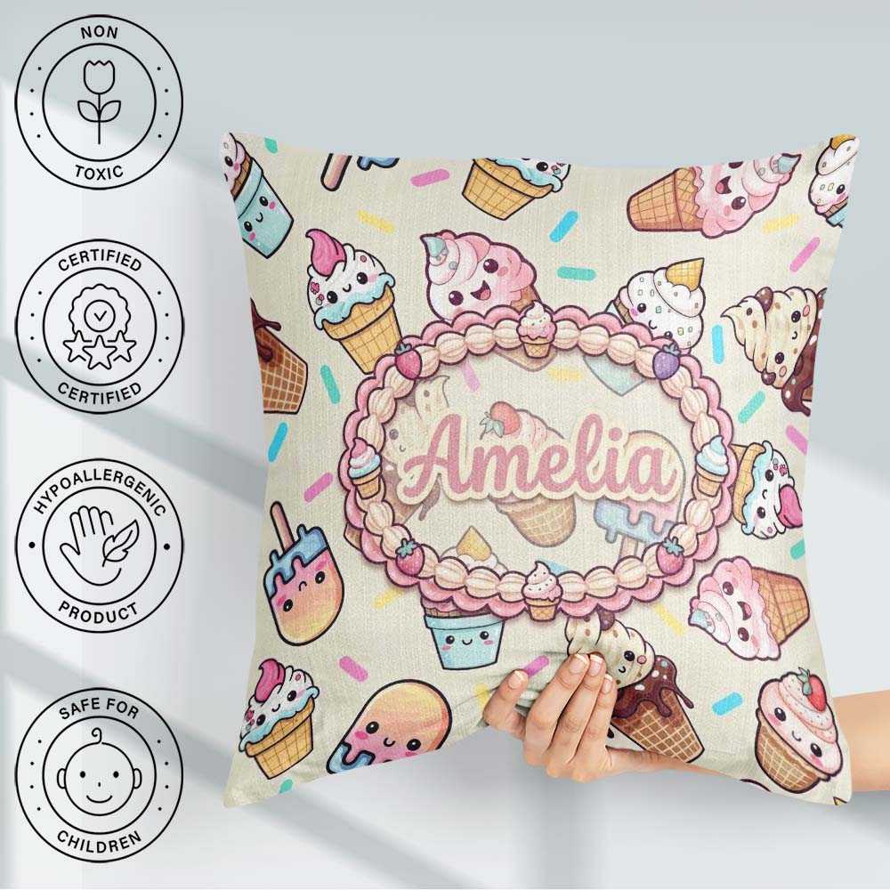 Custom Name Kawaii Ice Cream Cone Popsicle Sweet Dessert Pattern Square Filled Cushion Throw Pillow Sofa Bed Home Decor Zip Washable UK Made