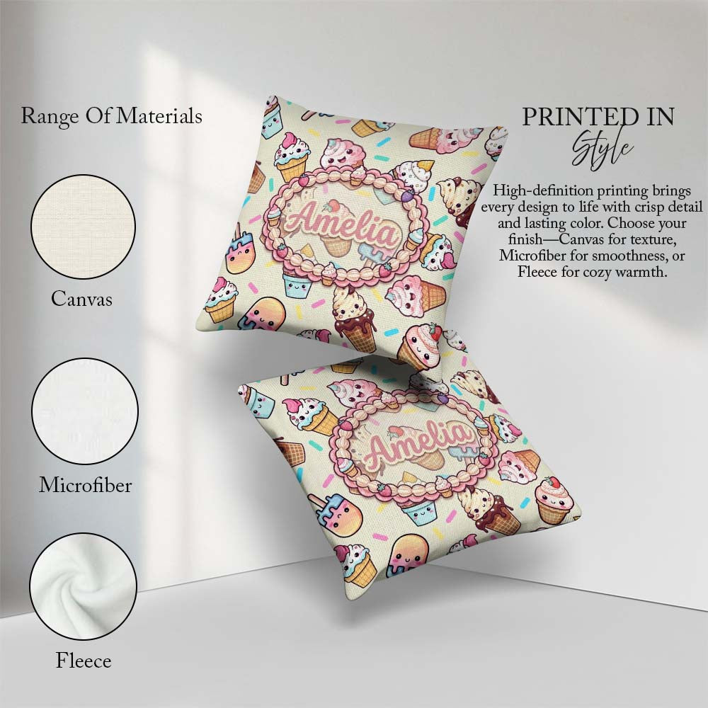 Custom Name Kawaii Ice Cream Cone Popsicle Sweet Dessert Pattern Square Filled Cushion Throw Pillow Sofa Bed Home Decor Zip Washable UK Made