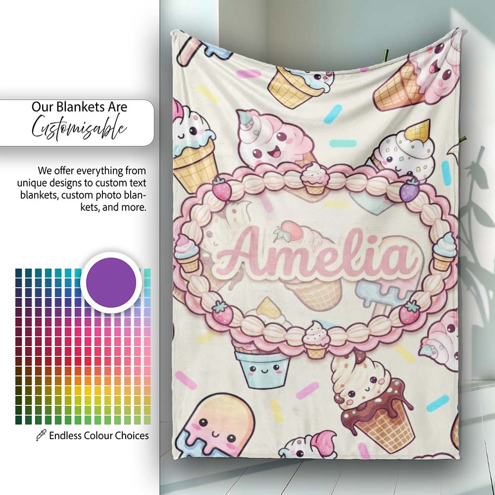 Kawaii Ice Cream Cone Popsicle Sweet Dessert Seamless Pattern Name  Personalised Custom Name Super Soft Fleece Blanket Bed Sofa Throw