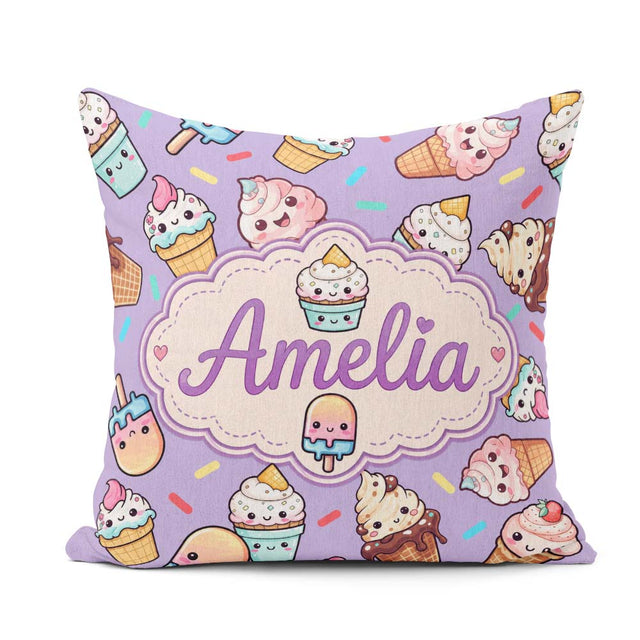 Custom Name Kawaii Ice Cream Cone Popsicle Sweet Dessert Pattern Square Filled Cushion Throw Pillow Sofa Bed Home Decor Zip Washable UK Made