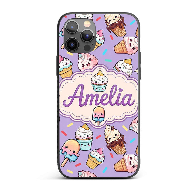 Kawaii Ice Cream Cone Popsicle Sweet Dessert Custom Name Protective Phone Case Mobile Cover Durable Everyday Smartphone Shock Resistant
