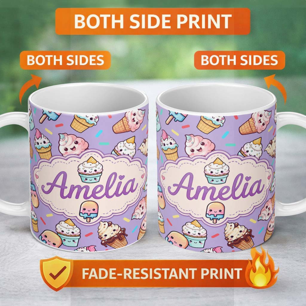 Personalized Custom Name Kawaii Ice Cream Cone Popsicle Sweet Dessert Seamless Pattern 11oz Ceramic Coffee Tea Mug White Large Handle