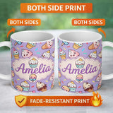 Personalized Custom Name Kawaii Ice Cream Cone Popsicle Sweet Dessert Seamless Pattern 11oz Ceramic Coffee Tea Mug White Large Handle