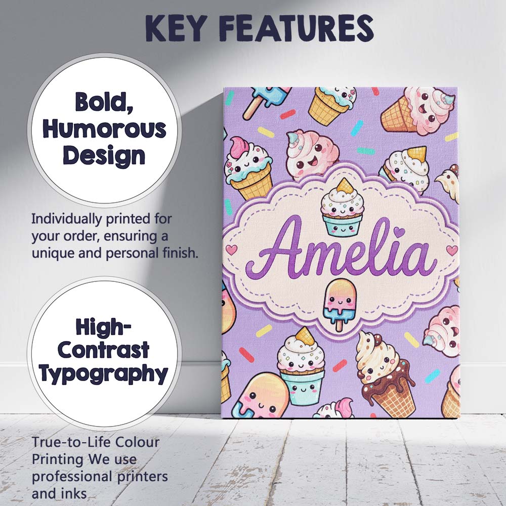 Personalised Name Kawaii Ice Cream Cone Custom  Modern Room Accent Elegant Feature Canvas Wall Art Print Decor Picture Ready to Hang