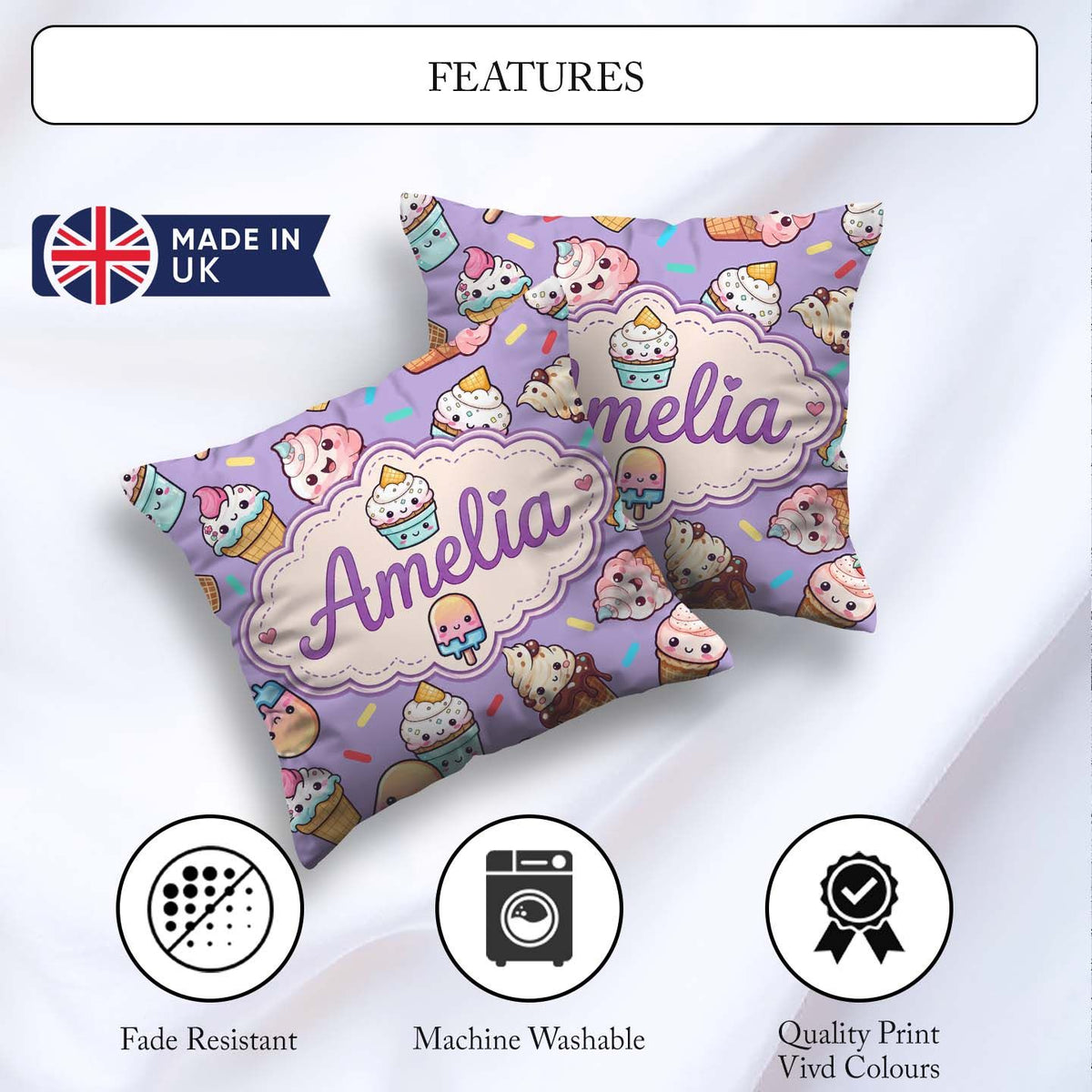 Custom Name Kawaii Ice Cream Cone Popsicle Sweet Dessert Pattern Square Filled Cushion Throw Pillow Sofa Bed Home Decor Zip Washable UK Made