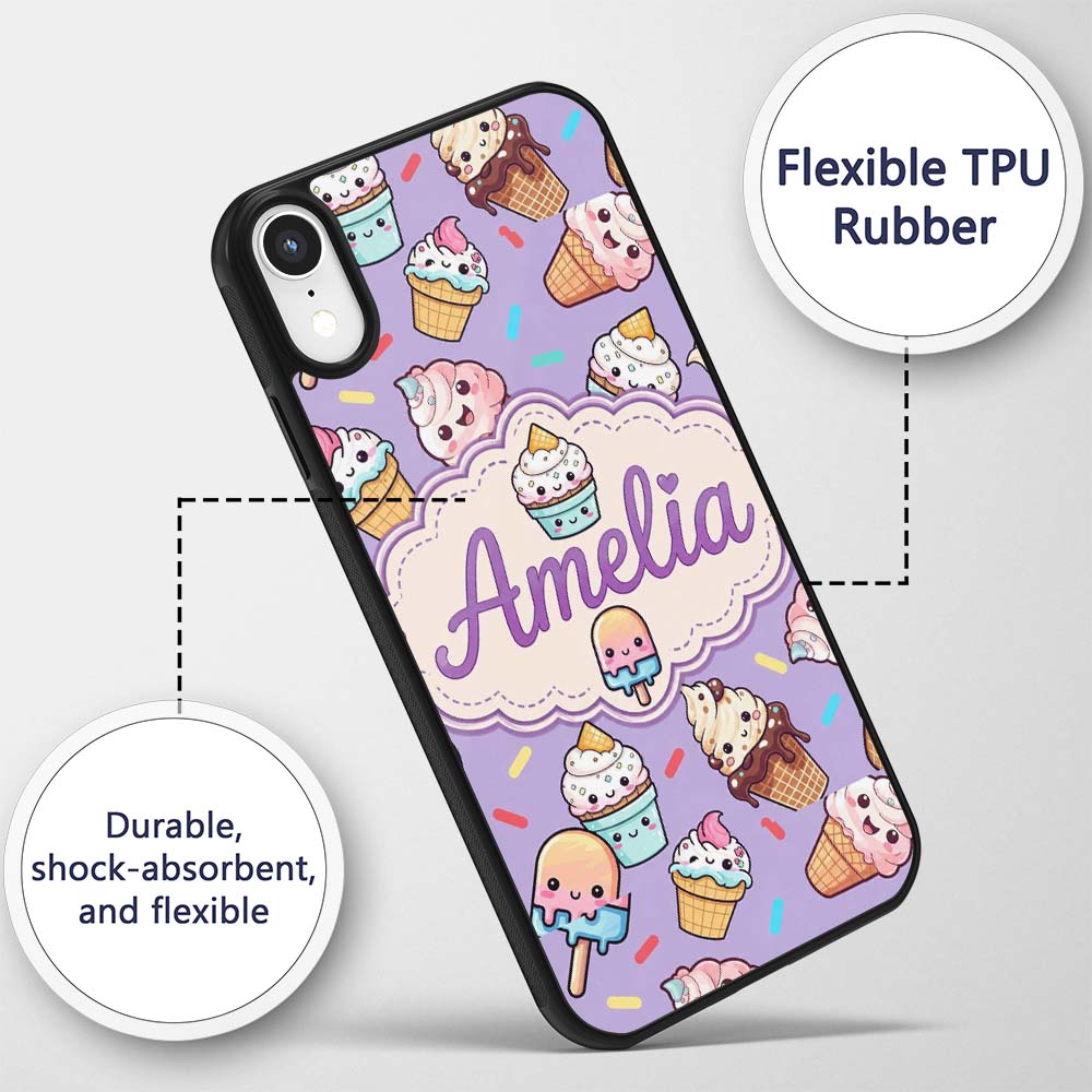 Kawaii Ice Cream Cone Popsicle Sweet Dessert Custom Name Protective Phone Case Mobile Cover Durable Everyday Smartphone Shock Resistant