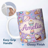 Personalized Custom Name Kawaii Ice Cream Cone Popsicle Sweet Dessert Seamless Pattern 11oz Ceramic Coffee Tea Mug White Large Handle