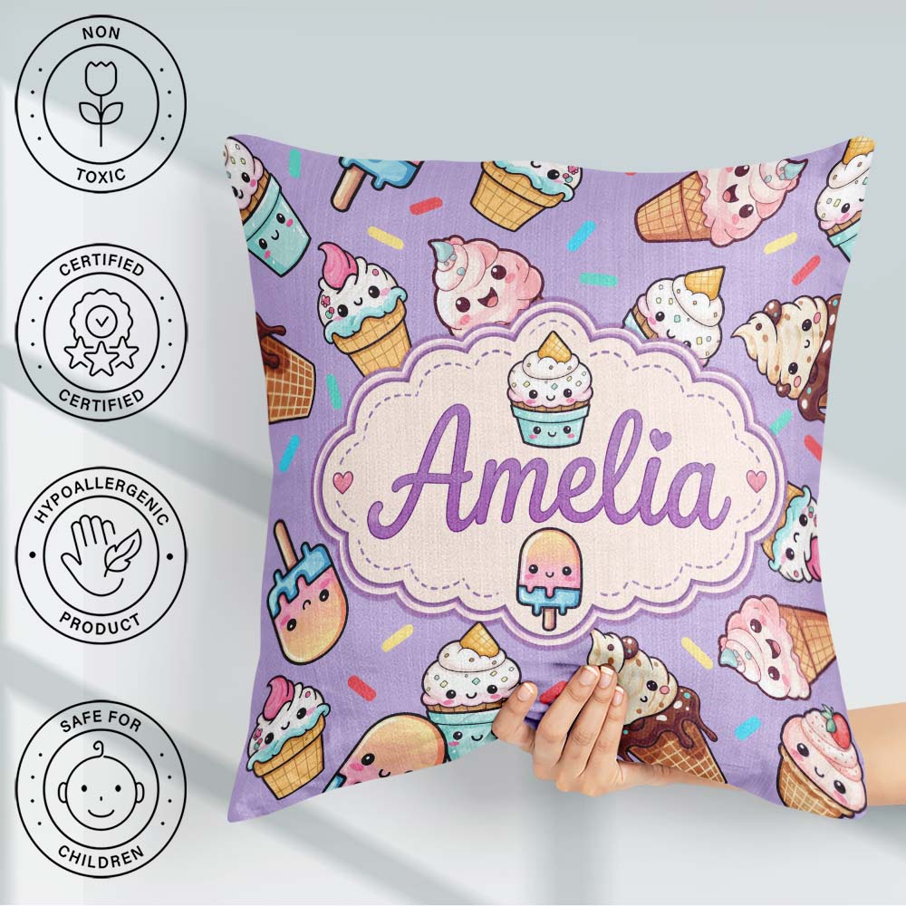 Custom Name Kawaii Ice Cream Cone Popsicle Sweet Dessert Pattern Square Filled Cushion Throw Pillow Sofa Bed Home Decor Zip Washable UK Made