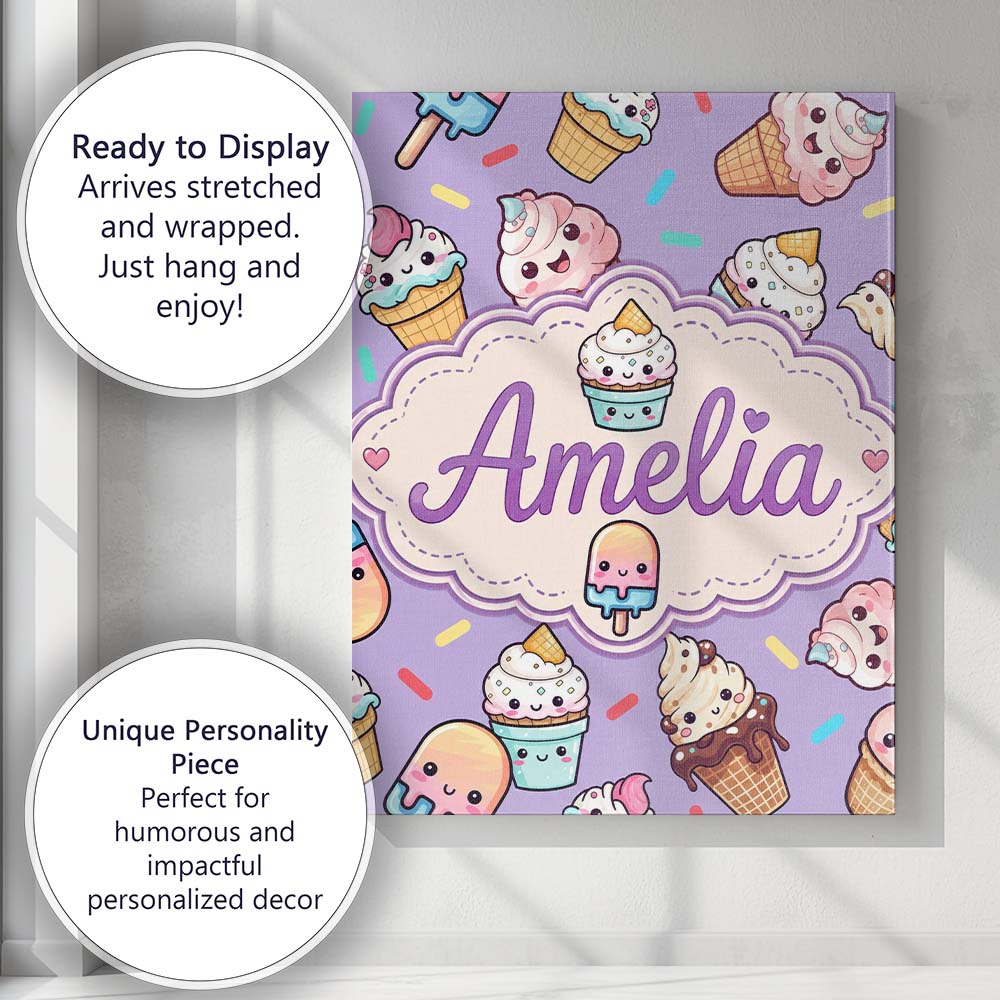 Personalised Name Kawaii Ice Cream Cone Custom  Modern Room Accent Elegant Feature Canvas Wall Art Print Decor Picture Ready to Hang