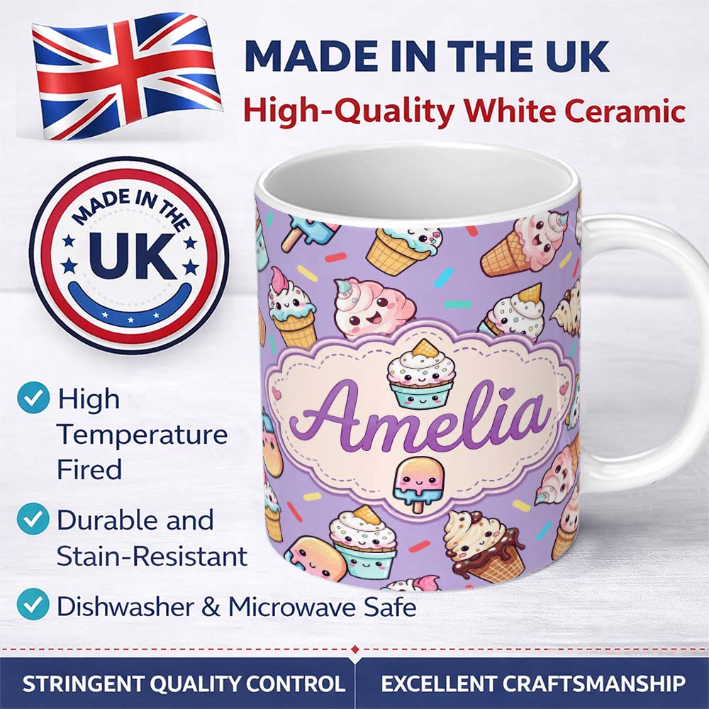 Personalized Custom Name Kawaii Ice Cream Cone Popsicle Sweet Dessert Seamless Pattern 11oz Ceramic Coffee Tea Mug White Large Handle