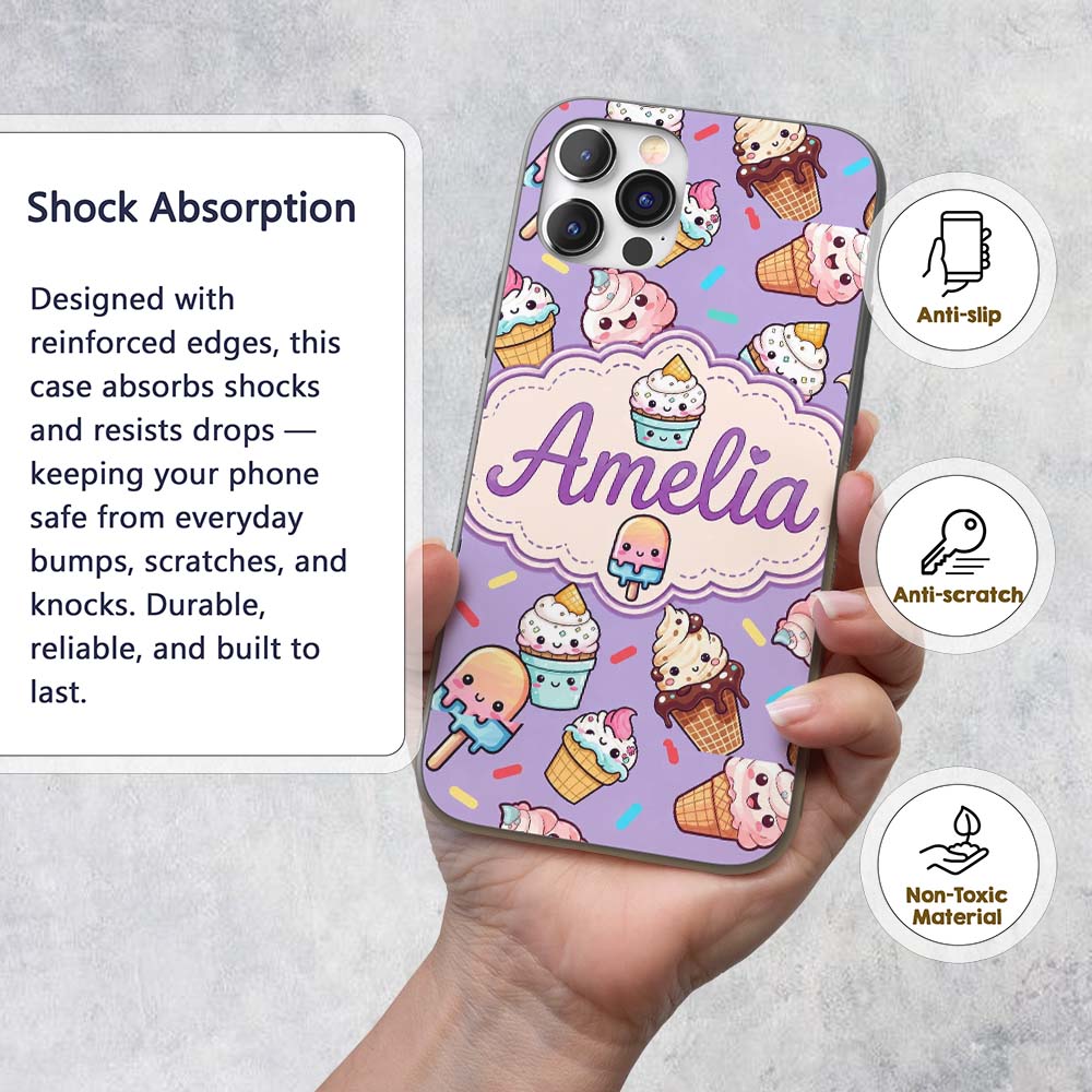 Kawaii Ice Cream Cone Popsicle Sweet Dessert Custom Name Protective Phone Case Mobile Cover Durable Everyday Smartphone Shock Resistant
